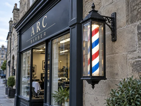 Lion Sign — Black-framed illuminated barber lantern with classic rotating striped cylinder.