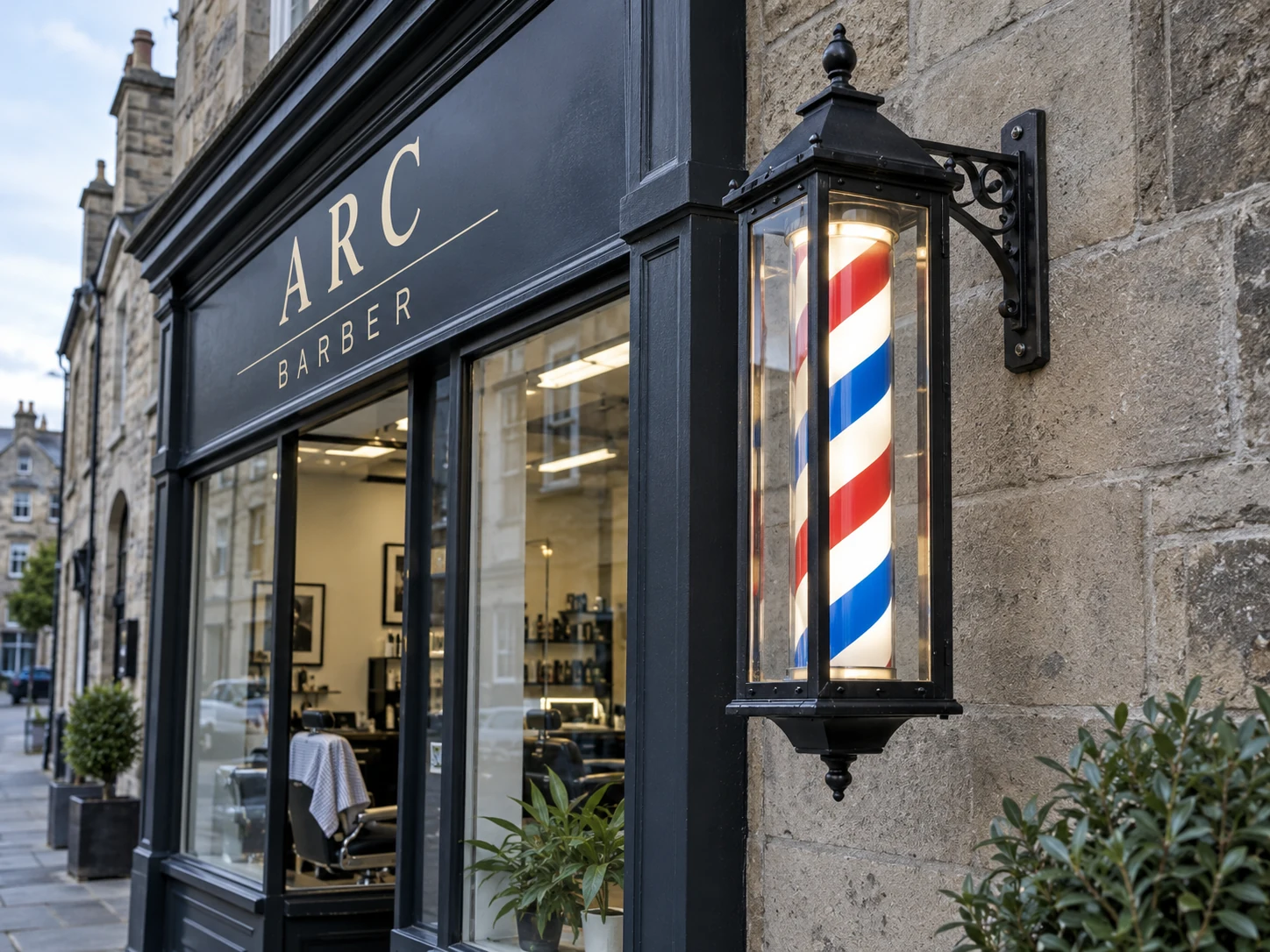 Lion Sign — Black-framed illuminated barber lantern with classic rotating striped cylinder.