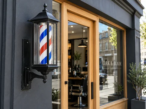 Lion Sign — Classic black barber lantern with enclosed striped illuminated display.