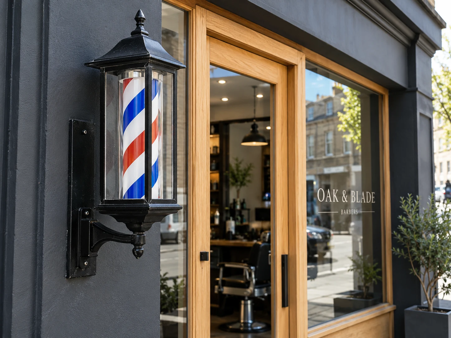 Lion Sign — Classic black barber lantern with enclosed striped illuminated display.