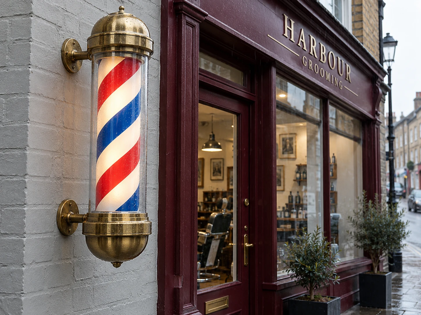 Lion Sign — Traditional illuminated barber pole with brass-finish caps for premium barbershop signage.