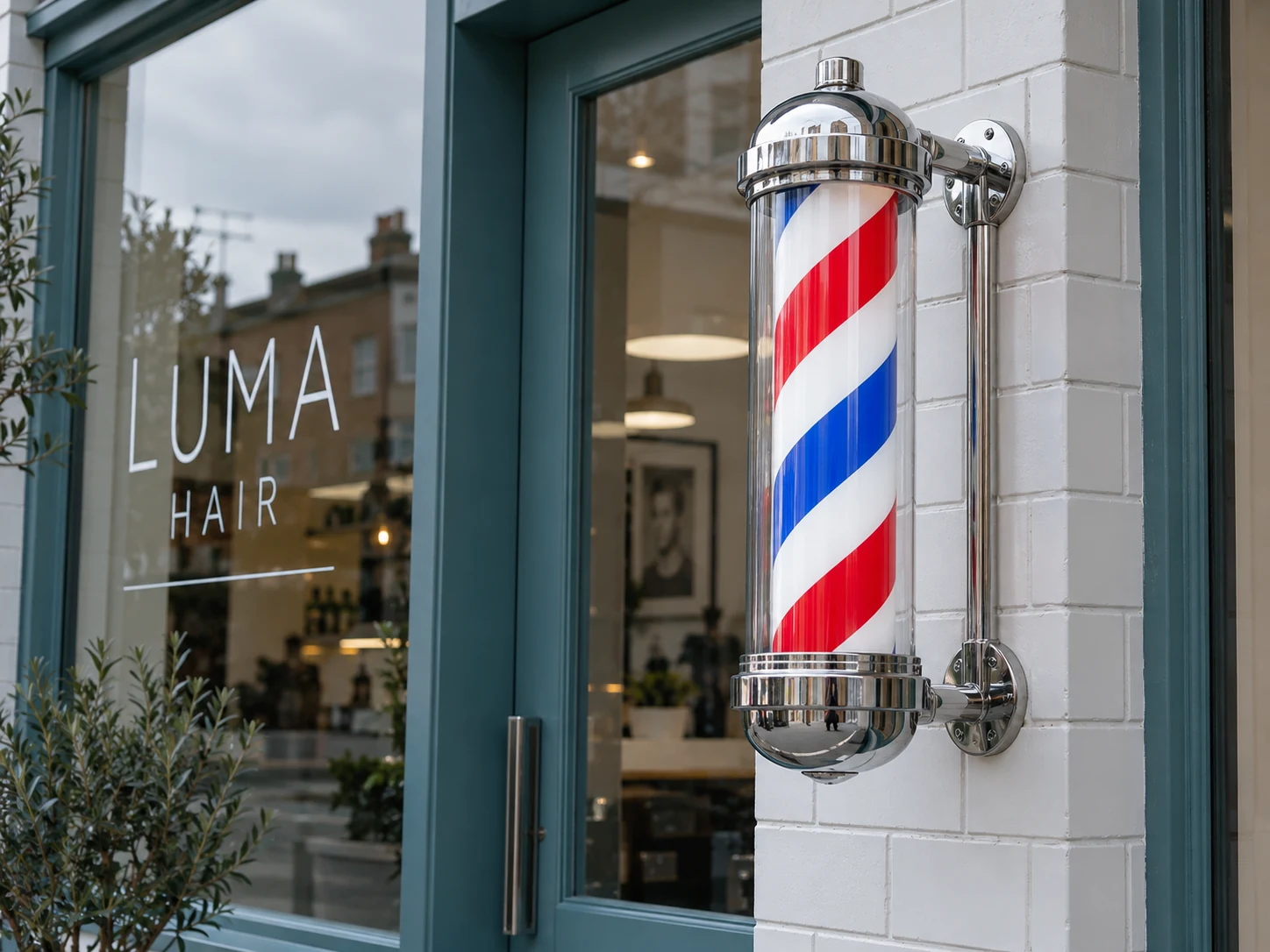 Lion Sign — Compact chrome-finish rotating barber pole for stylish salon exterior signage.