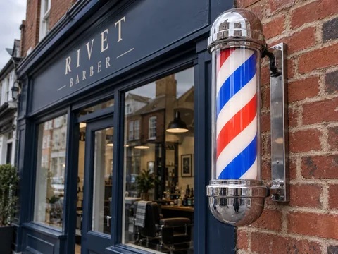 Lion Sign — Classic illuminated red, white and blue barber pole with polished chrome end caps.