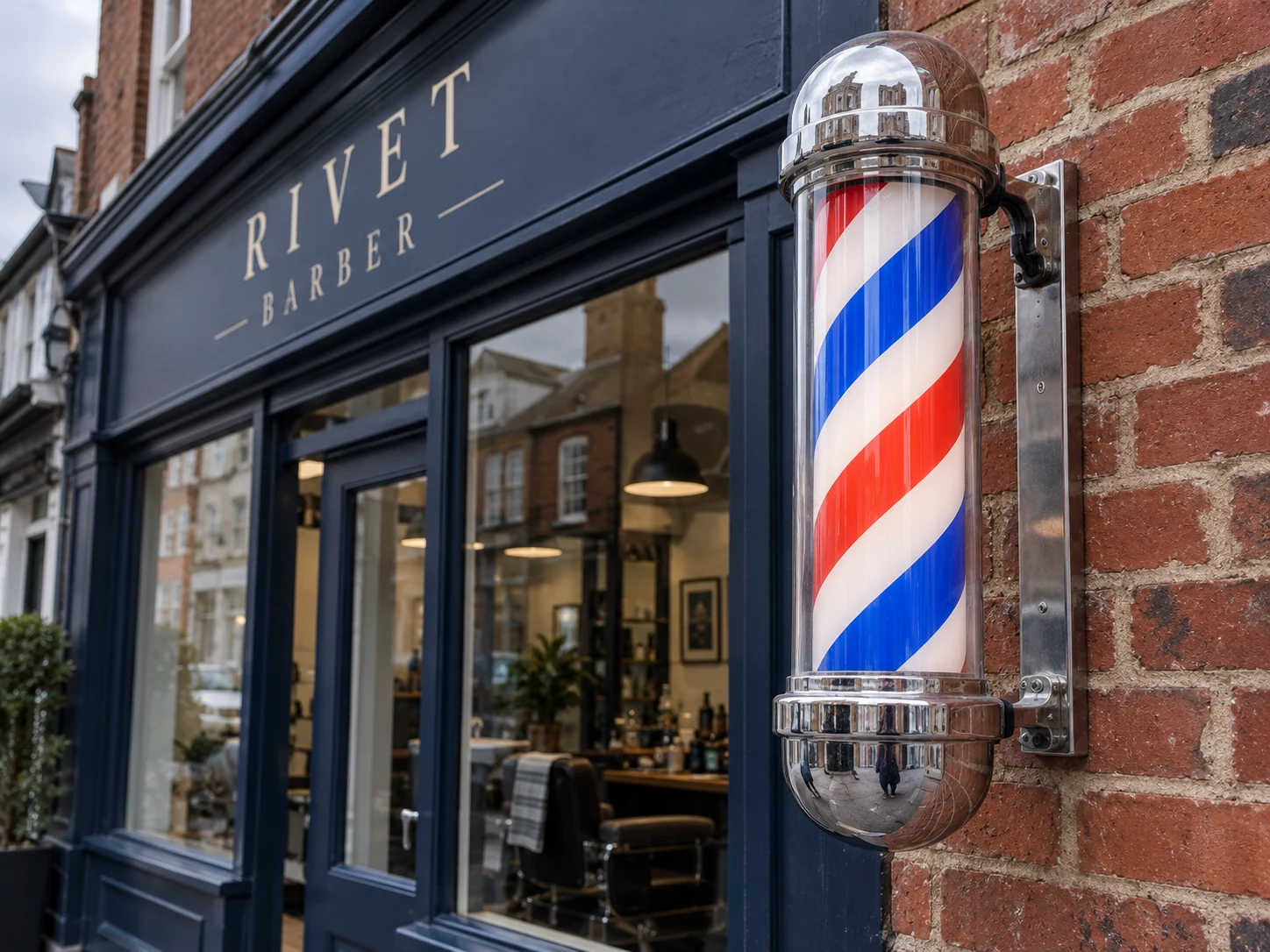 Lion Sign — Classic illuminated red, white and blue barber pole with polished chrome end caps.