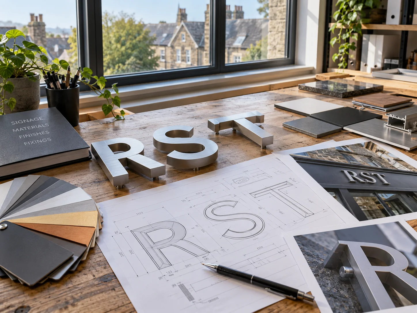 Lion Sign — Signage design preparation with material samples, dimensional lettering and technical specifications.