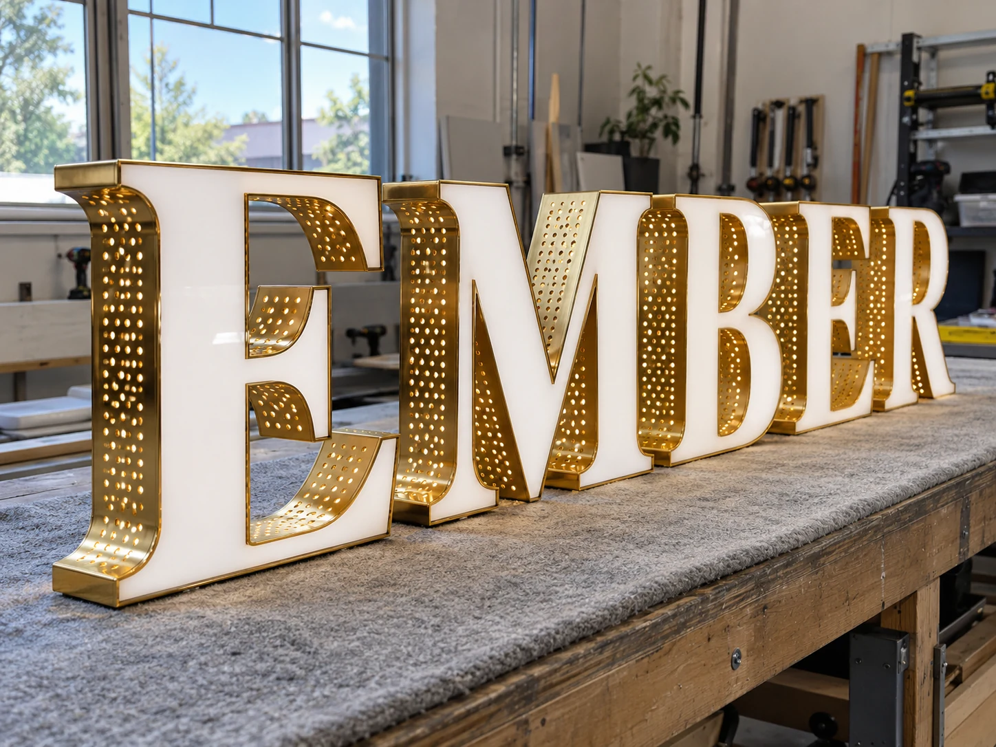 Lion Sign — Gold-finish perforated metal channel letters with illuminated white acrylic fronts.