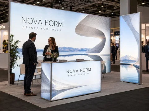Lion Sign — Modular backlit exhibition wall with illuminated reception counter and freestanding LED display.