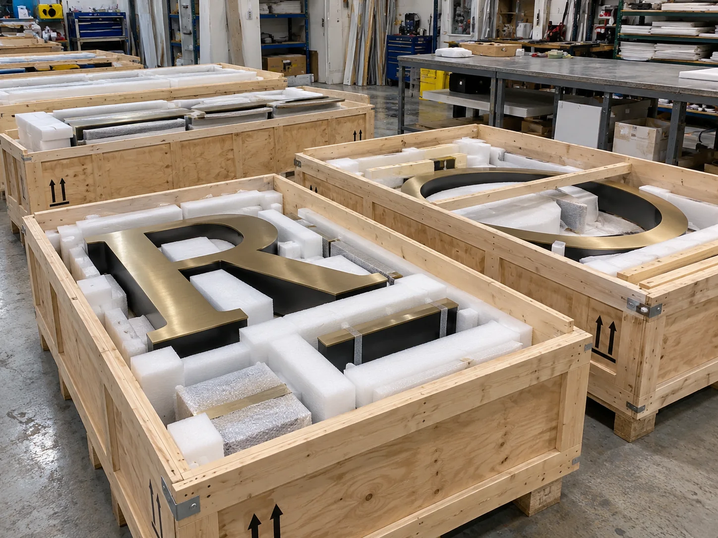 Lion Sign — Protective foam inserts and timber shipping crates for secure transport of custom signage components.