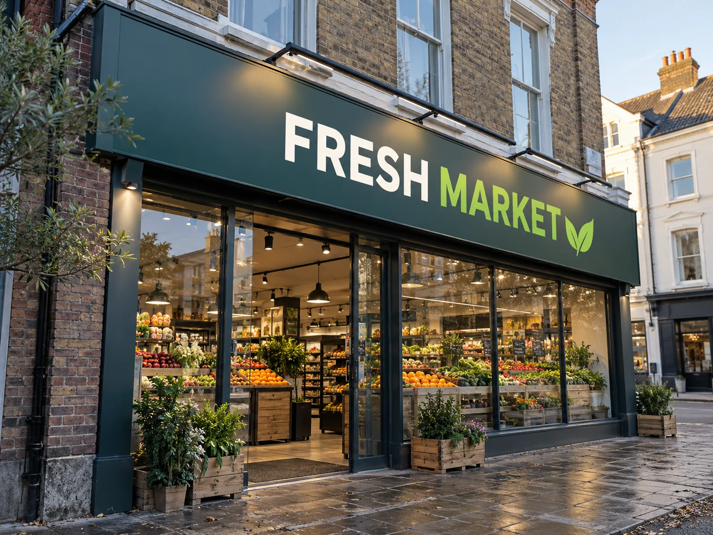 Lion Sign — Large-format tensioned fabric signage for illuminated commercial façades.
