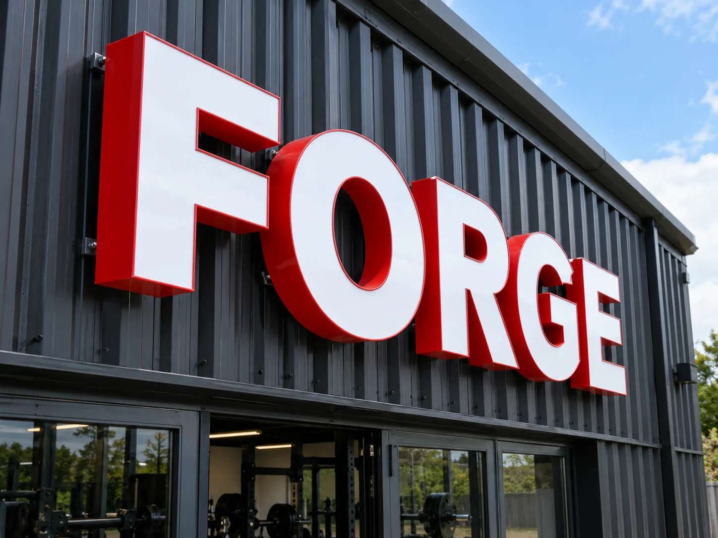 Lion Sign — Bold red metal-sided channel letters with white acrylic faces for fitness branding.