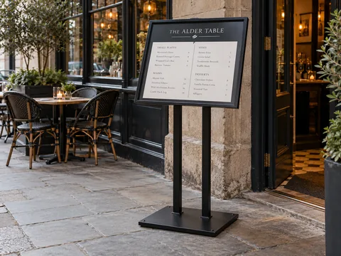 Lion Sign — Custom freestanding menu and information displays for restaurants, hotels and retail spaces.