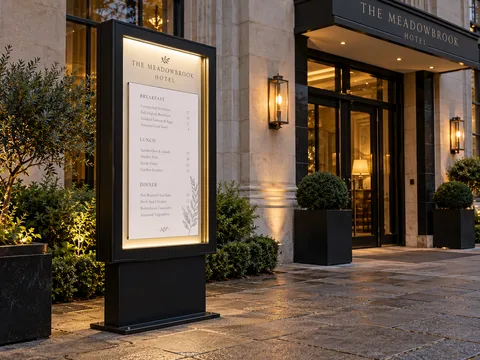 Lion Sign — Custom freestanding menu and information displays for restaurants, hotels and retail spaces.