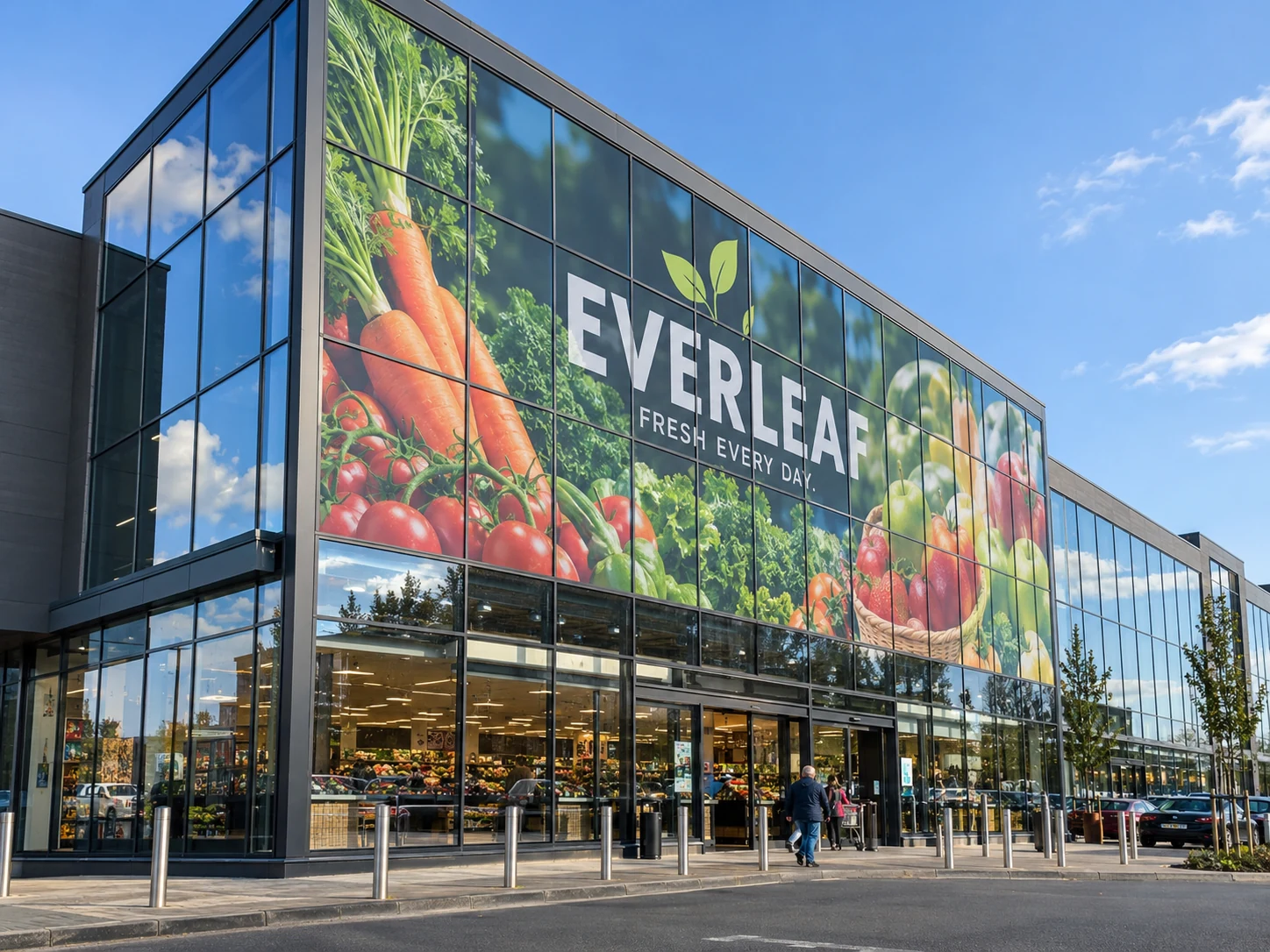 Lion Sign — Large-format digitally printed window vinyl and custom glass façade graphics for grocery retail.