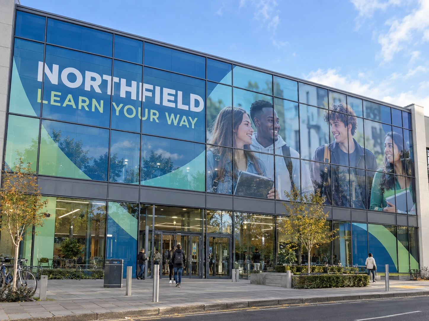 Lion Sign — Large-format digitally printed window vinyl and custom glass façade graphics for education facilities.