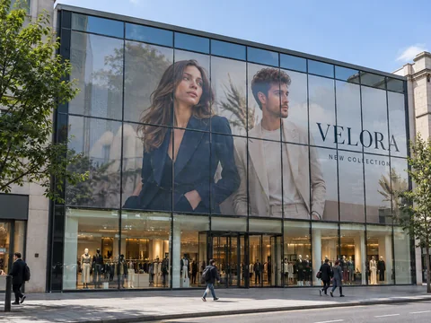 Lion Sign — Large-format digitally printed window vinyl and custom glass façade graphics for fashion retail.
