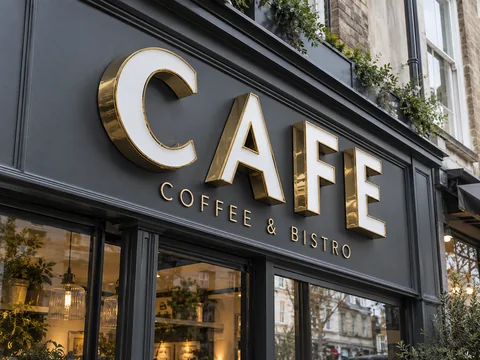 Lion Sign — Premium gold-finish stainless steel 3D café lettering with white acrylic illuminated faces.