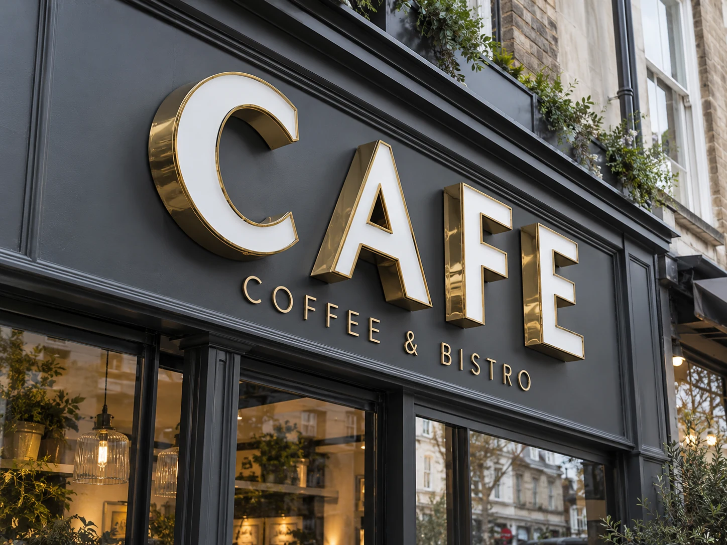 Lion Sign — Premium gold-finish stainless steel 3D café lettering with white acrylic illuminated faces.
