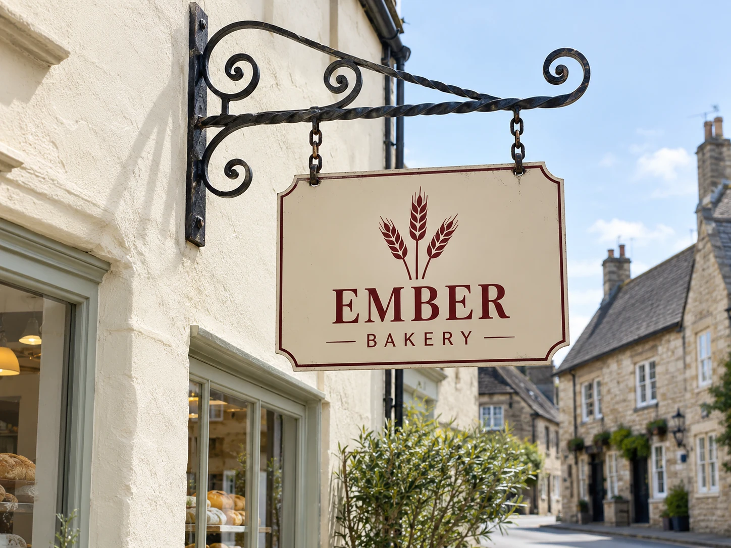Lion Sign — Cream-finish bakery hanging sign with classic black wrought-iron scroll bracket.