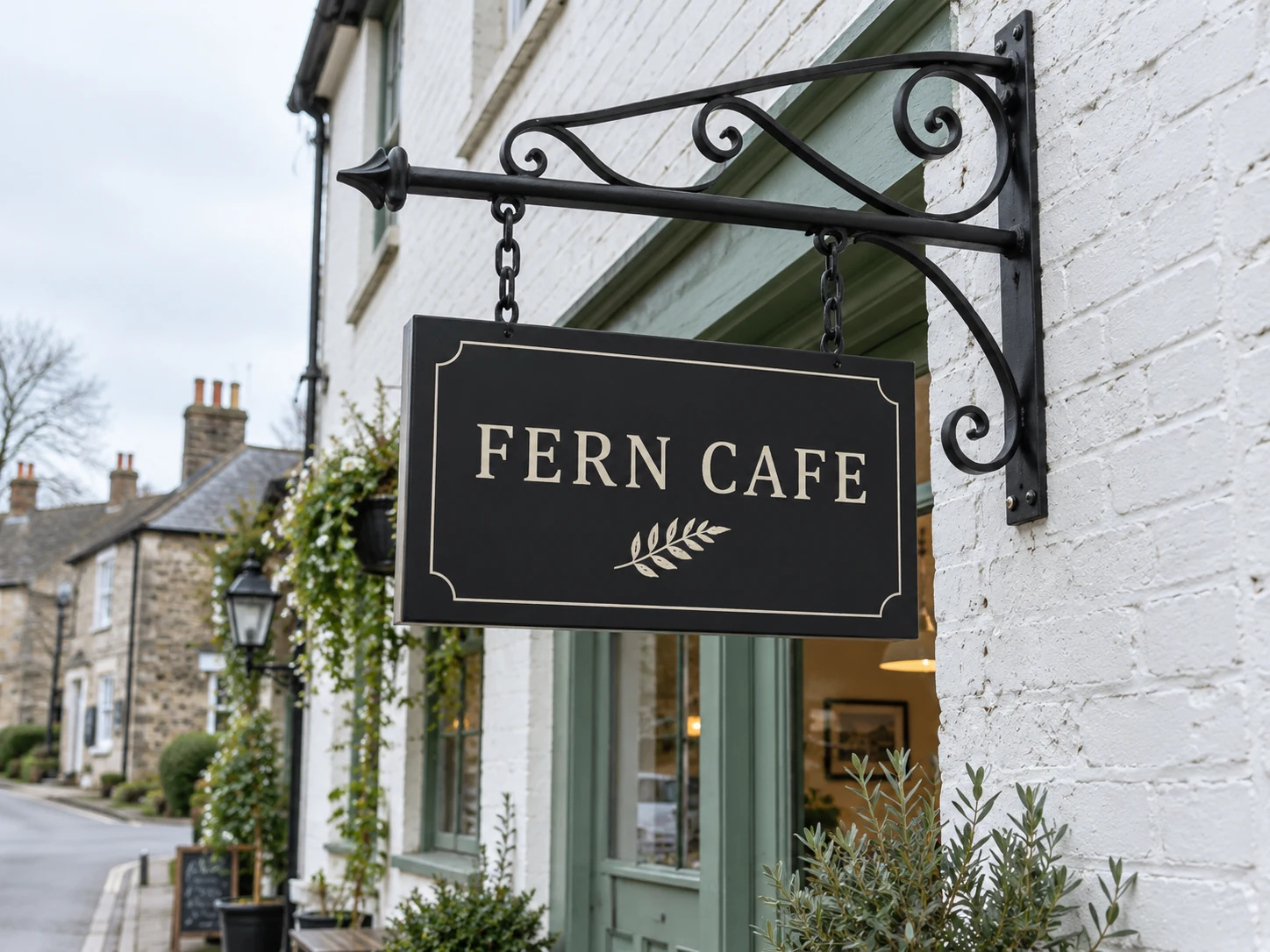 Lion Sign — Traditional chain-hung café sign with ornate black wrought-iron wall bracket.