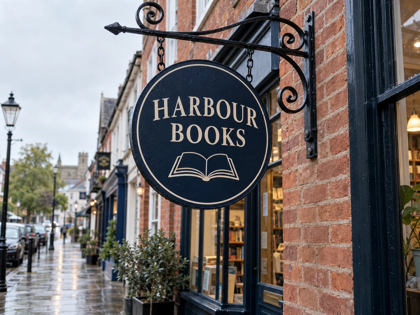 Lion Sign — Round bookshop hanging sign with elegant ornamental wrought-iron bracket.