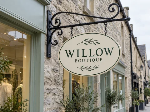Lion Sign — Oval boutique hanging sign with decorative forged-iron projecting bracket.