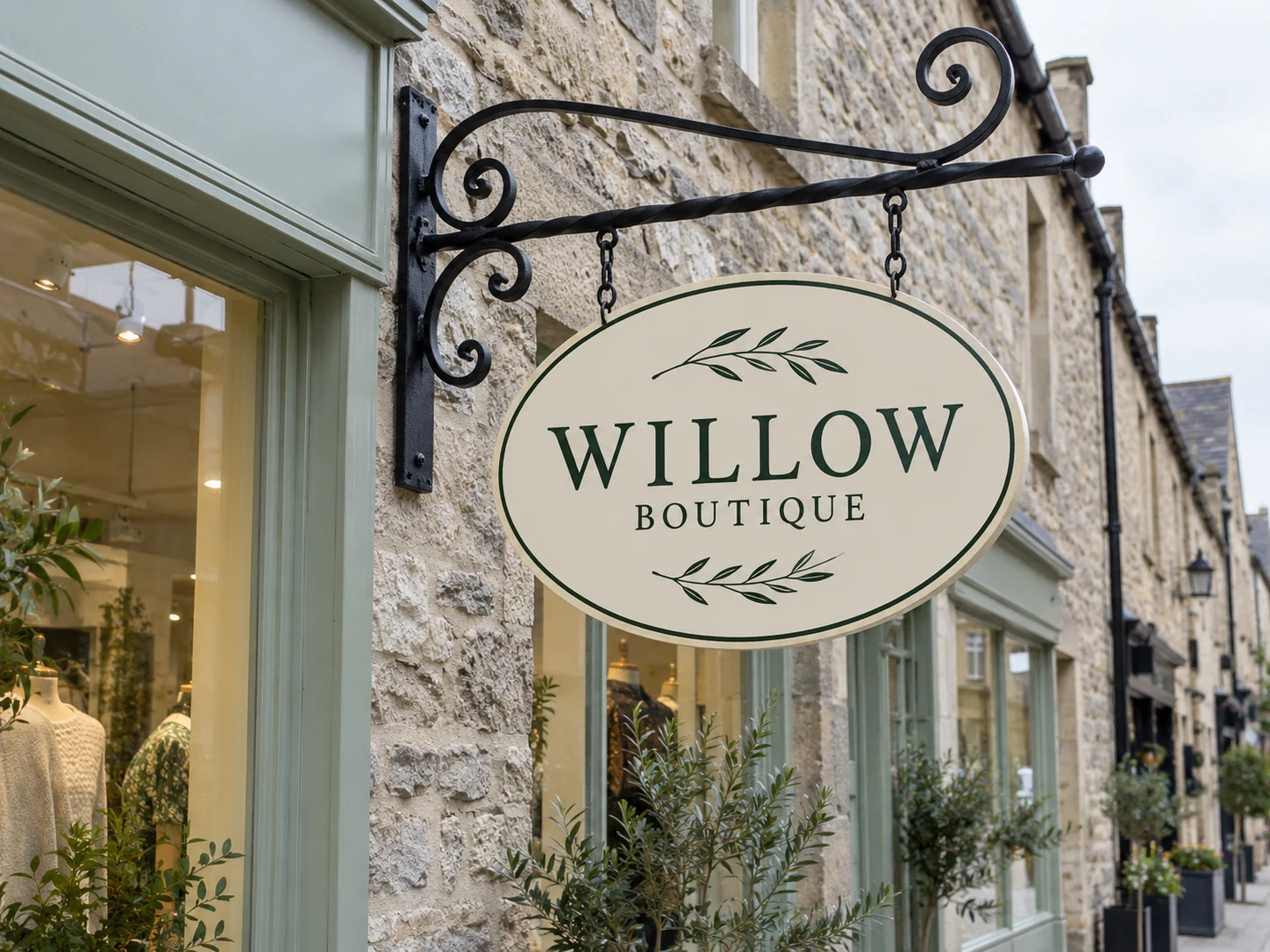 Lion Sign — Oval boutique hanging sign with decorative forged-iron projecting bracket.