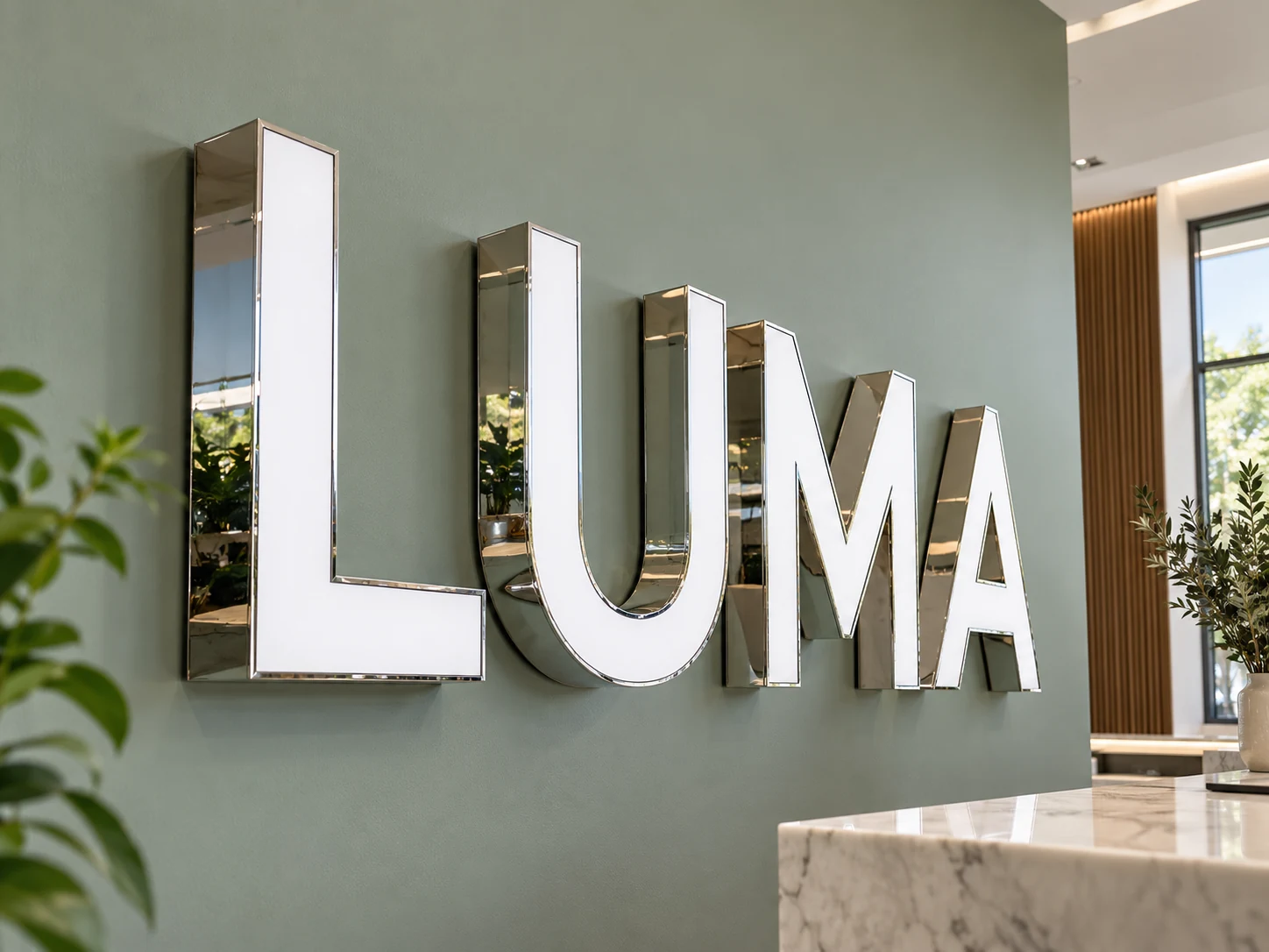 Lion Sign — Polished chrome-look dimensional letters with white acrylic faces for clinic signage.