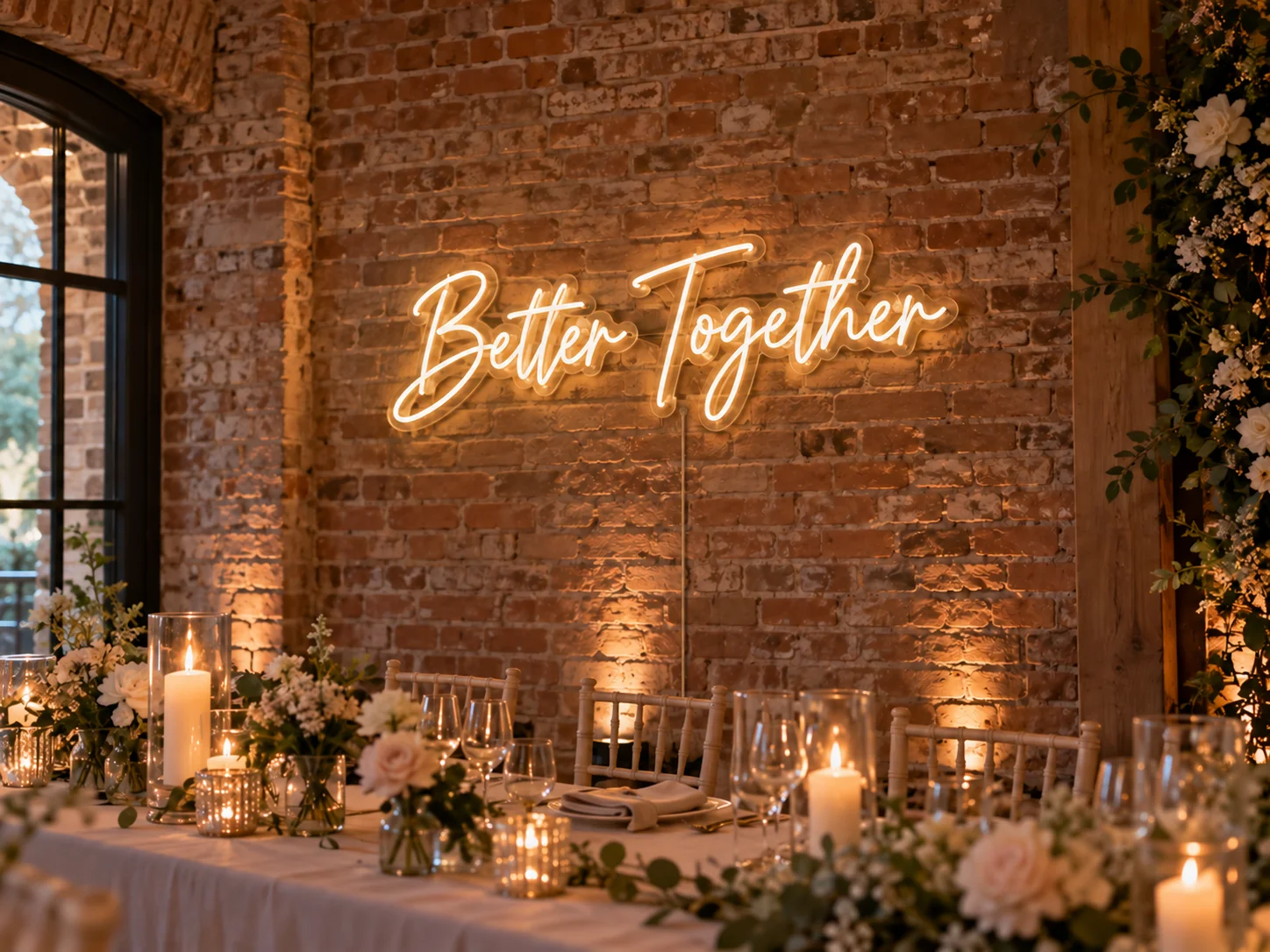 Lion Sign — Custom “Better Together” LED neon wall lettering for weddings and event backdrops.