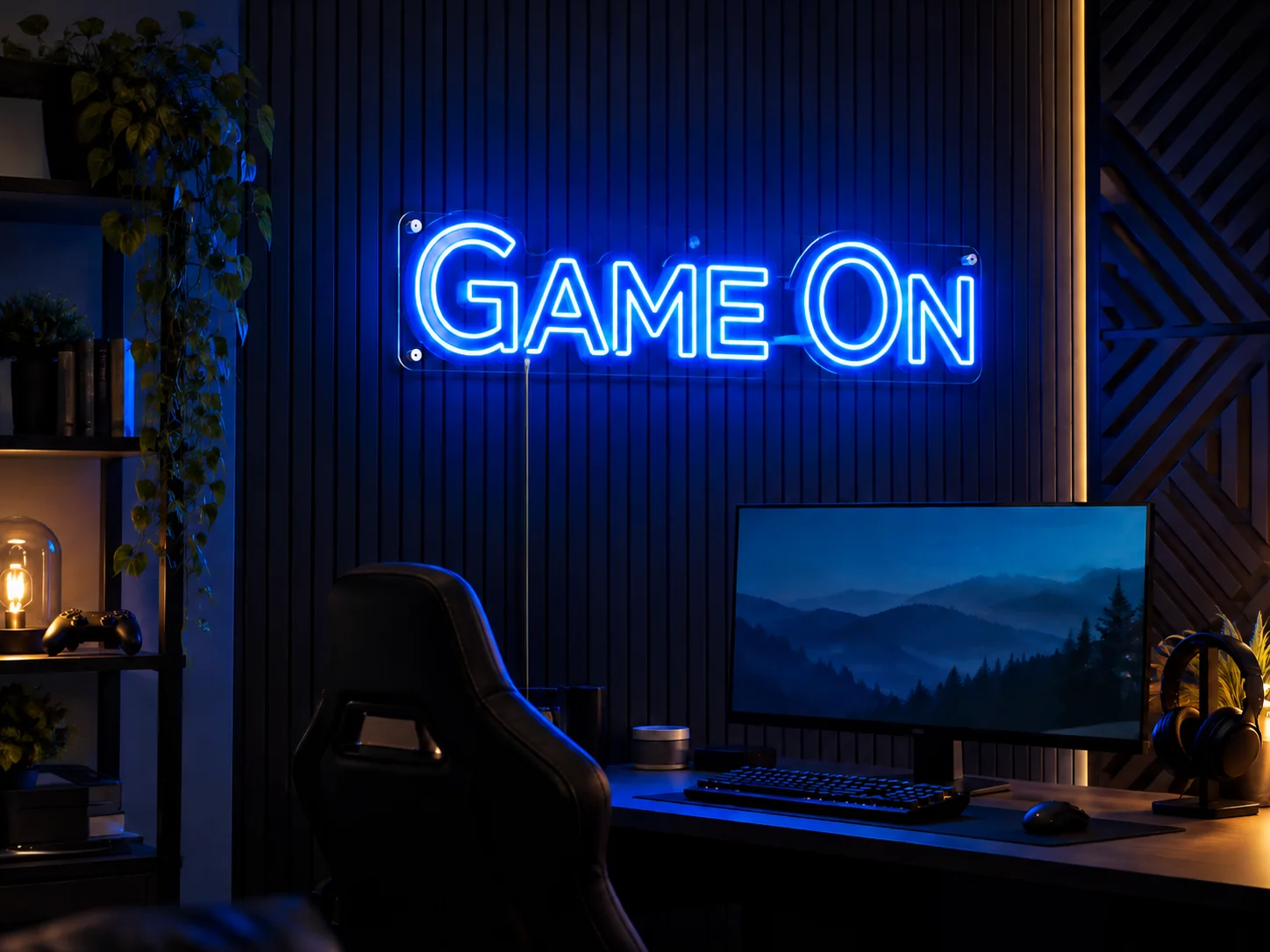 Lion Sign — Custom “Game On” LED neon wall lettering for gaming rooms and entertainment venues.
