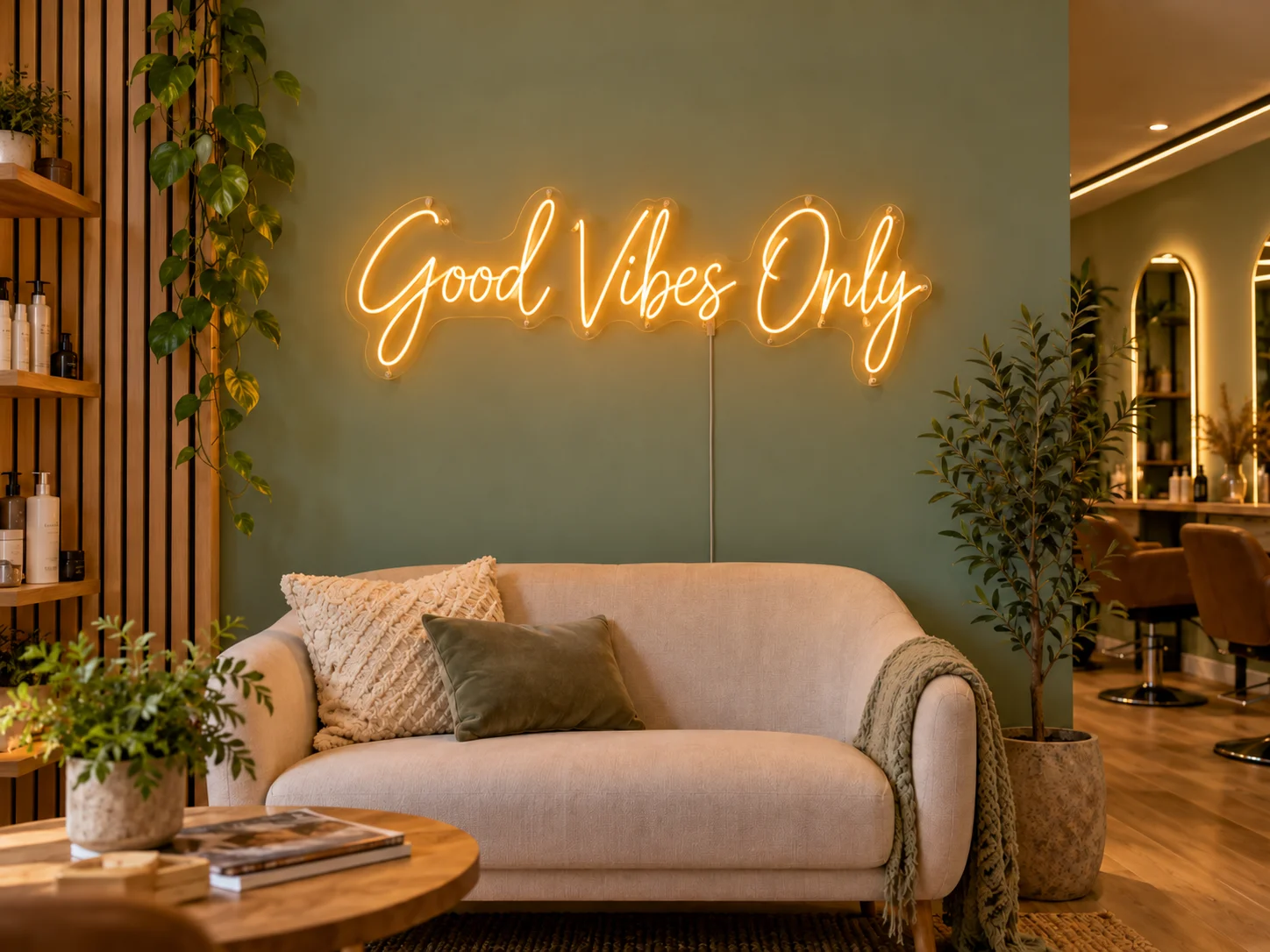 Lion Sign — Custom “Good Vibes Only” LED neon wall lettering for hair salons and lifestyle interiors.
