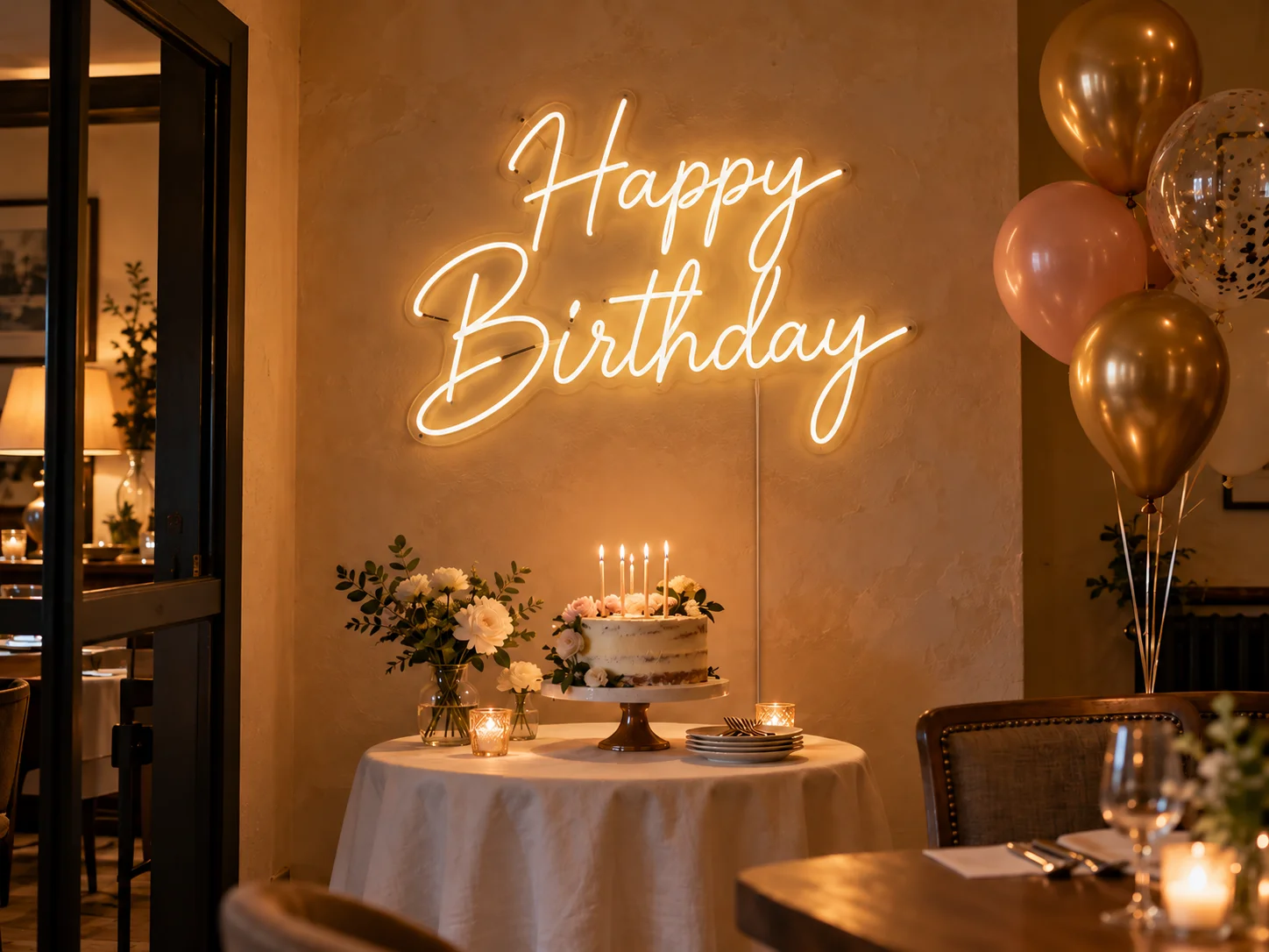 Lion Sign — Custom “Happy Birthday” LED neon wall lettering for birthday celebrations.