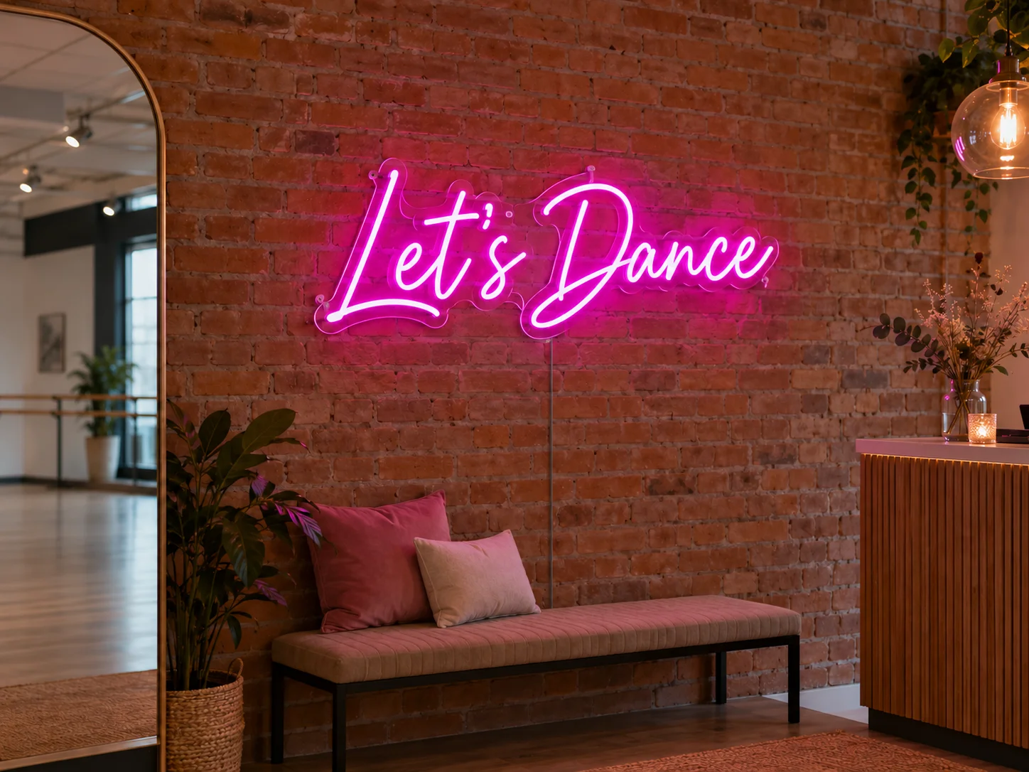 Lion Sign — Custom “Lets Dance” LED neon wall lettering for dance studios and event spaces.