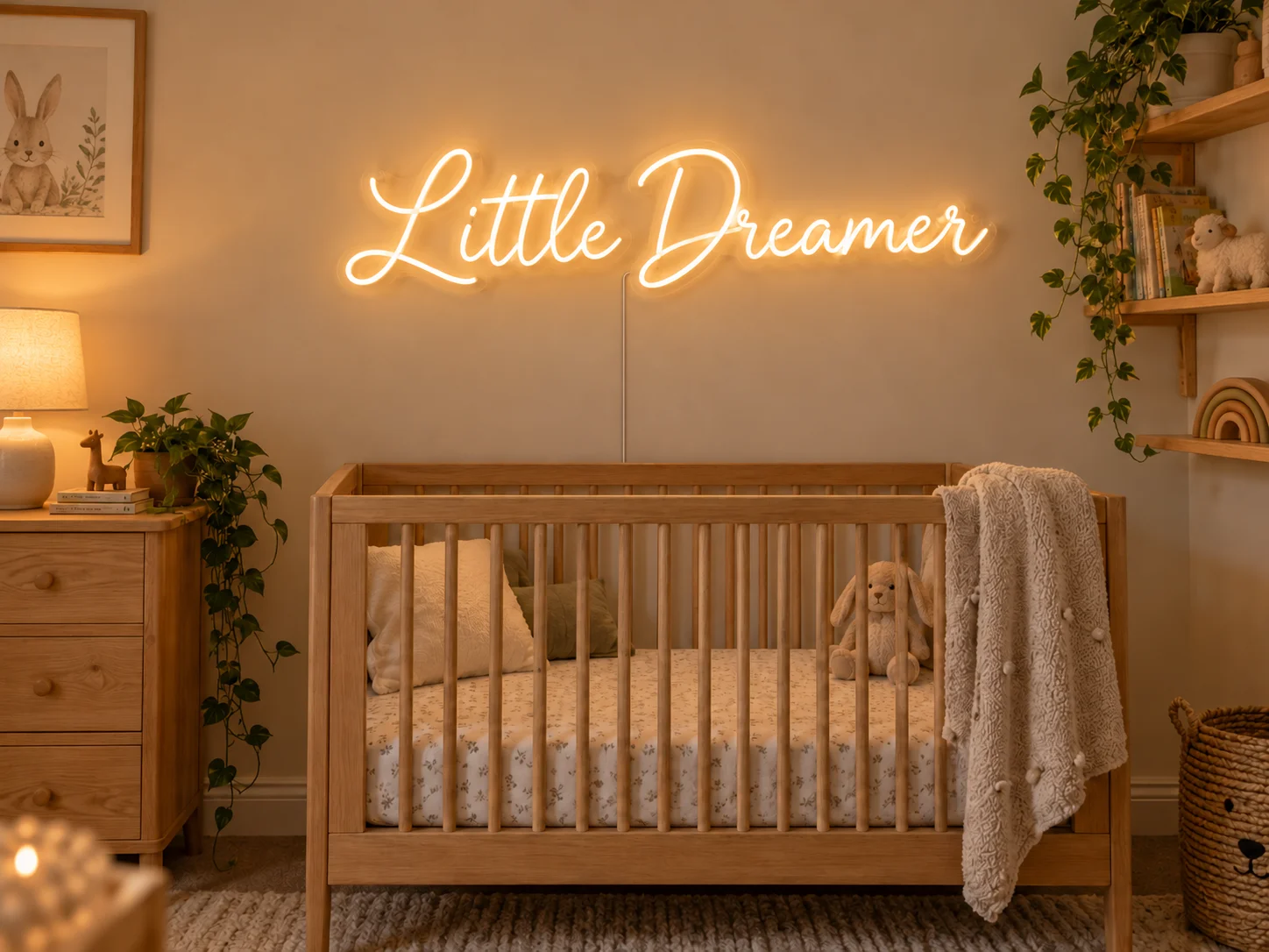 Lion Sign — Custom “Little Dreamer” LED neon wall lettering for children’s rooms and nursery interiors.