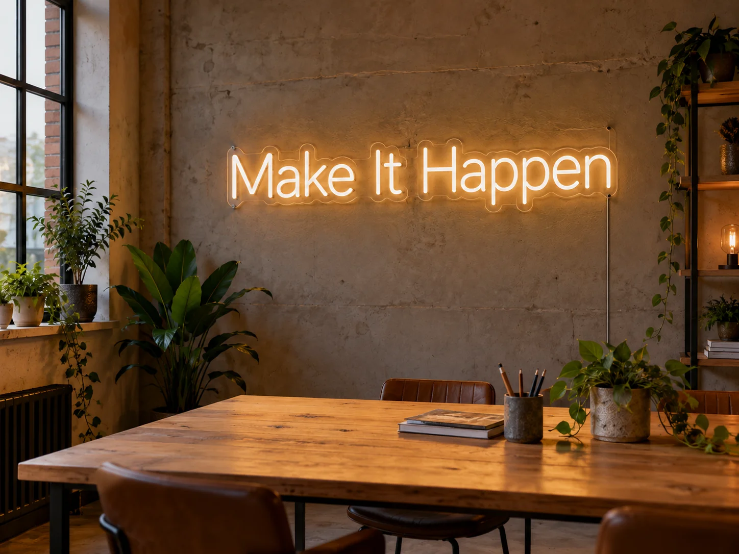 Lion Sign — Custom “Make It Happen” LED neon wall lettering for creative offices and workspaces.