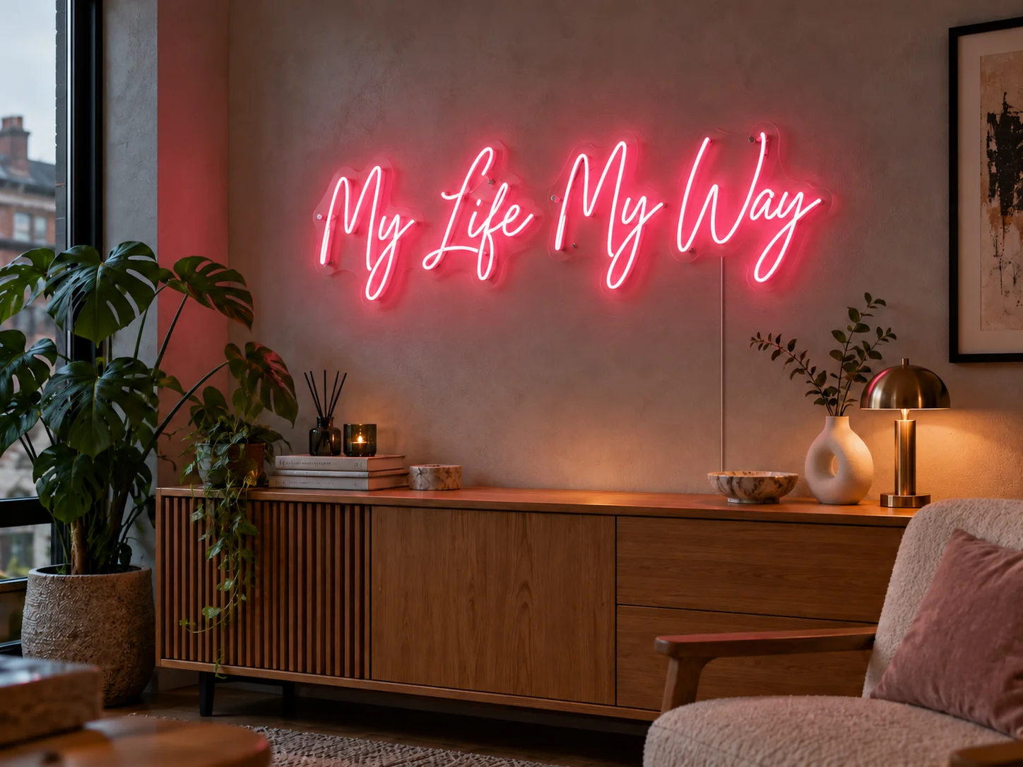 Lion Sign — Custom “My Life My Way” LED neon wall lettering for contemporary home and personal spaces.