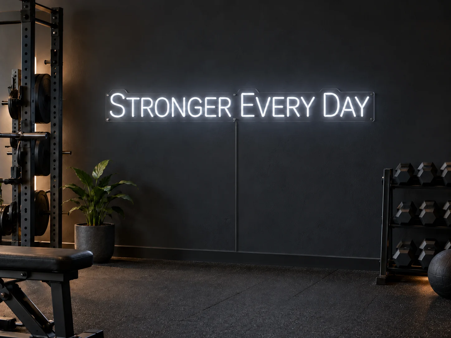 Lion Sign — Custom “Stronger Every Day” LED neon wall lettering for gyms and fitness studios.