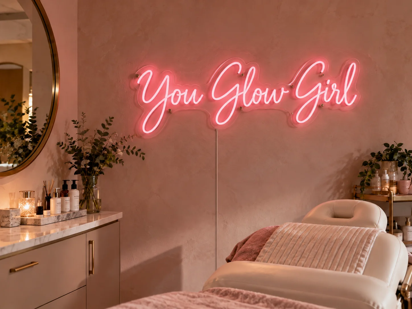 Lion Sign — Custom “You Glow Girl” LED neon wall lettering for beauty salons and cosmetics studios.
