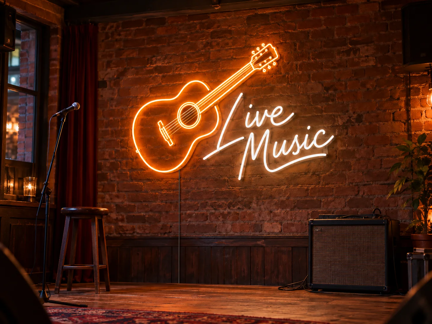 Lion Sign — Custom Guitar-themed Live Music LED neon sign for music venues and entertainment interiors.