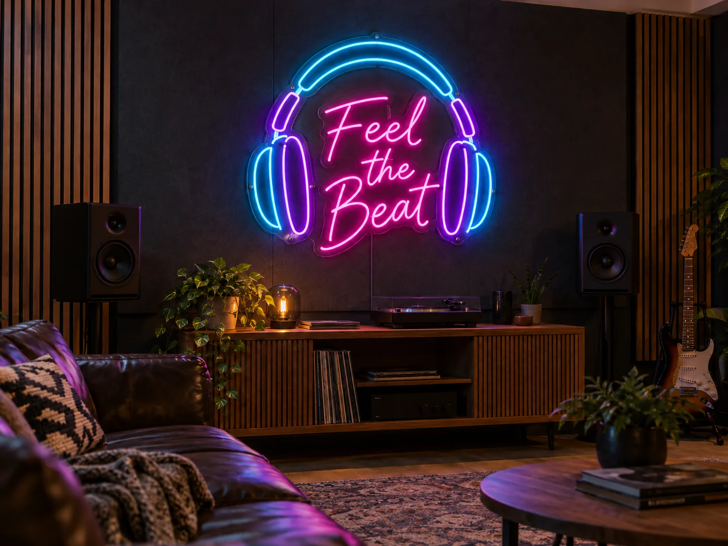 Lion Sign — Custom Headphone-themed Feel the Beat LED neon sign for music venues and entertainment interiors.