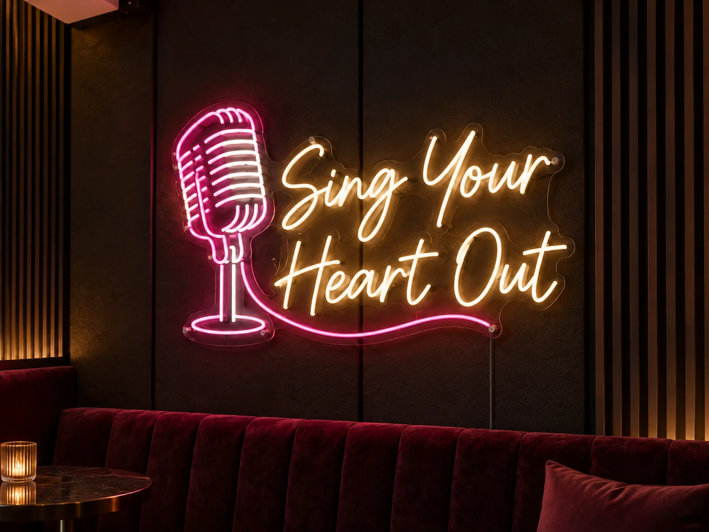 Lion Sign — Custom Microphone-themed Sing Your Heart Out LED neon sign for music venues and entertainment interiors.