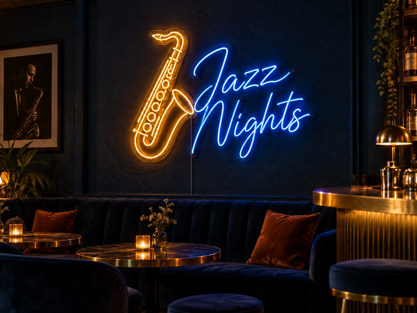 Lion Sign — Custom Saxophone-themed Jazz Nights LED neon sign for music venues and entertainment interiors.