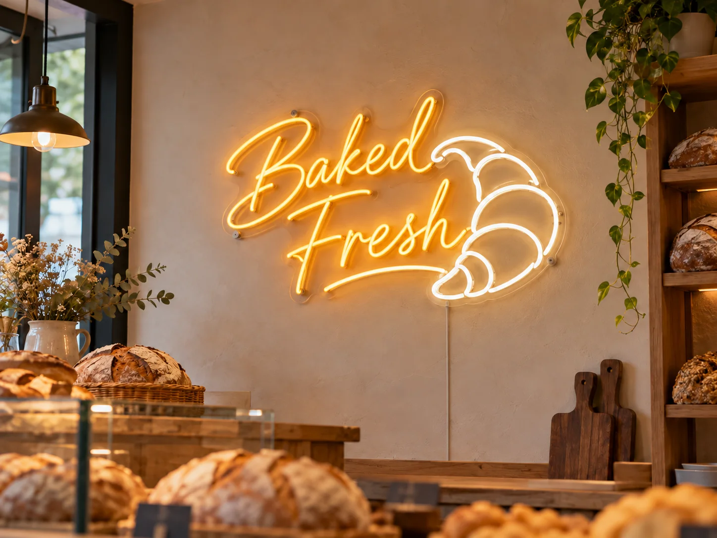Lion Sign — Bespoke “Baked Fresh” LED neon retail signage for bakeries.