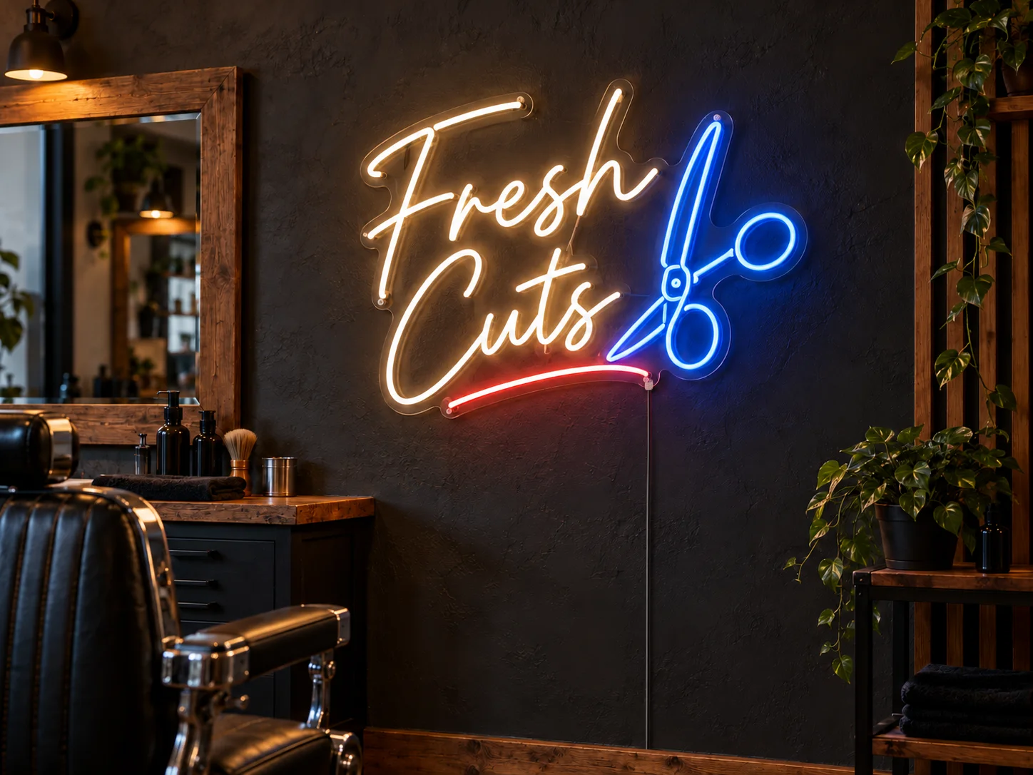 Lion Sign — Bespoke “Fresh Cuts” LED neon retail signage for barbershops.