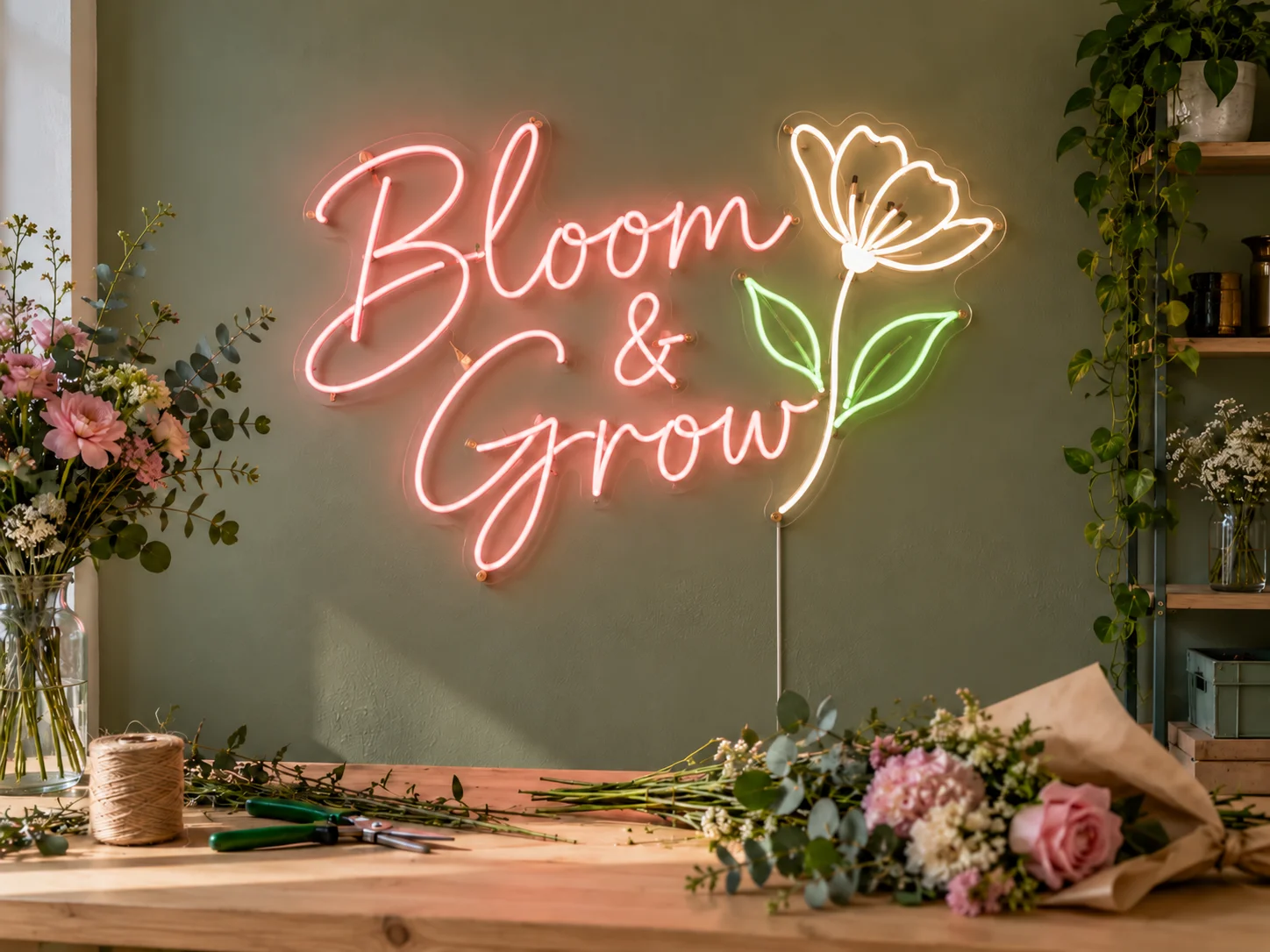 Lion Sign — Bespoke “Bloom Grow” LED neon retail signage for florists.