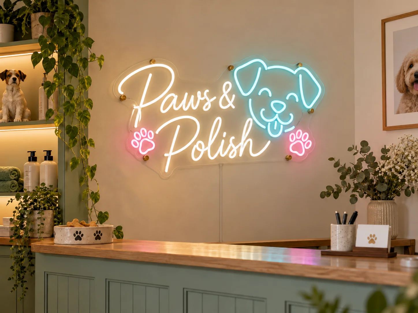 Lion Sign — Bespoke “Grooming Paws Polish” LED neon retail signage for pet grooming salons.