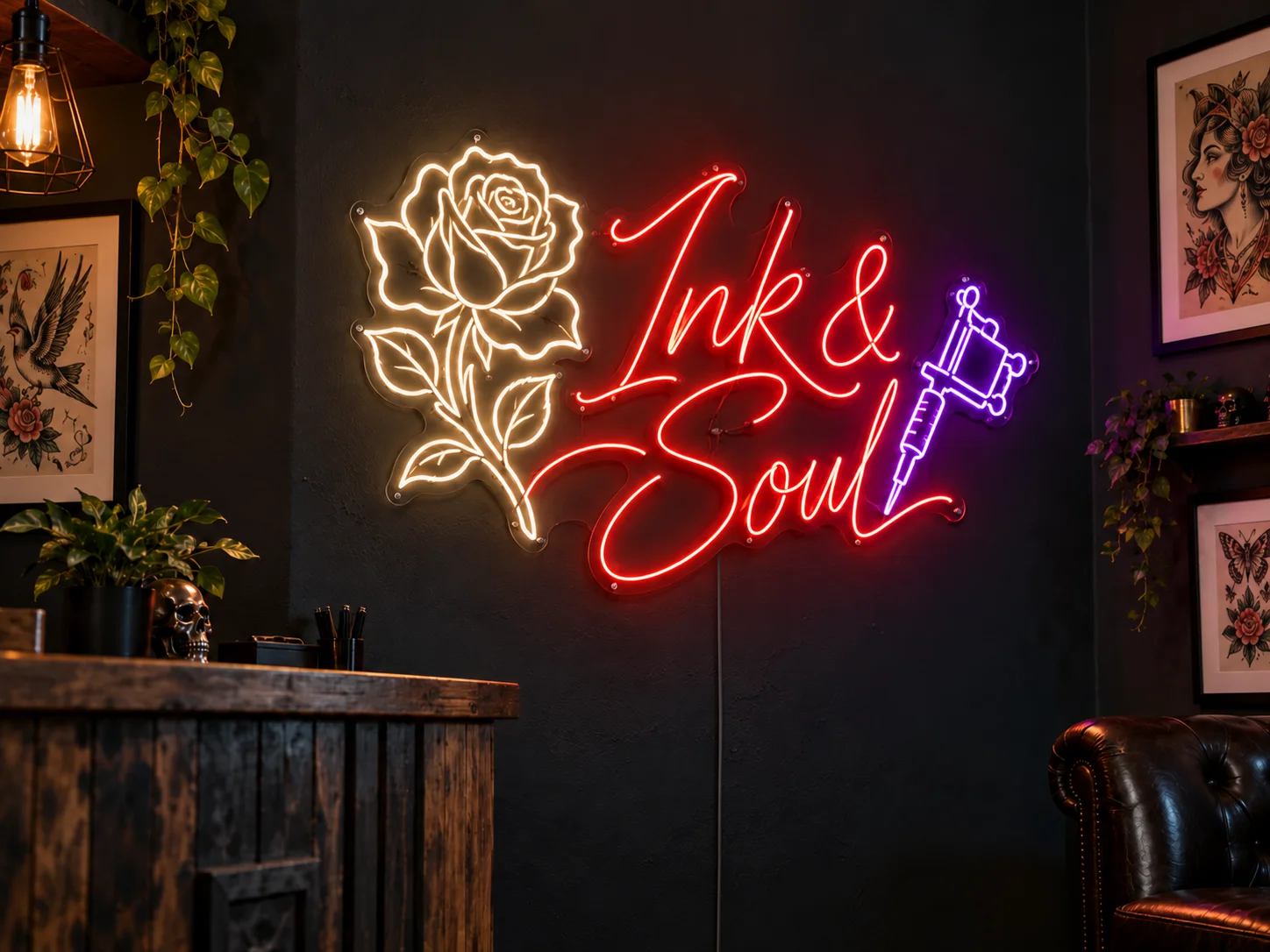 Lion Sign — Bespoke “Ink Soul” LED neon retail signage for tattoo studios.