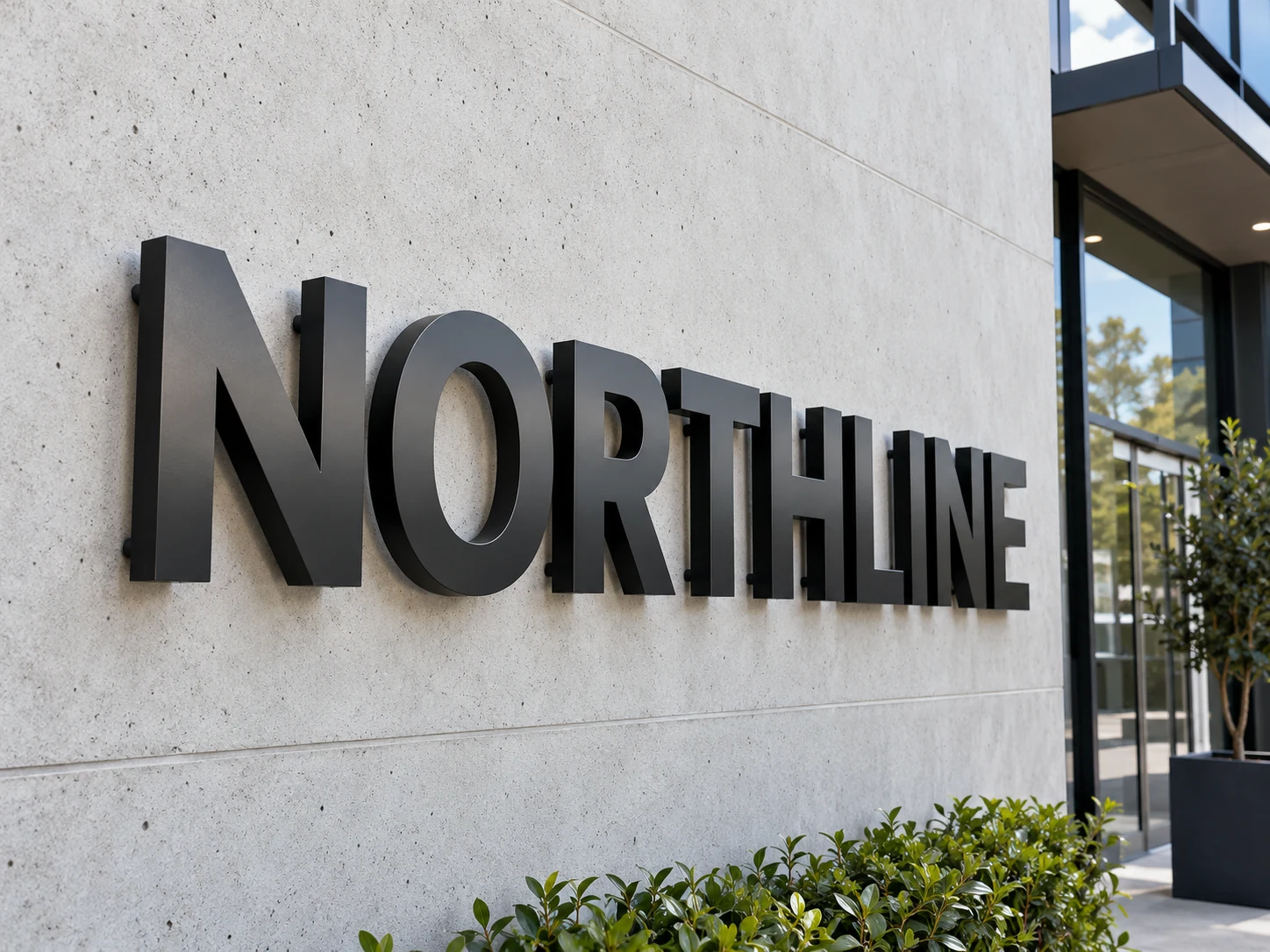 Lion Sign — Satin-black stainless steel dimensional office lettering with crisp architectural depth.