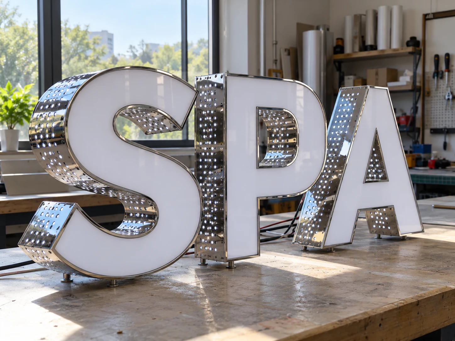 Lion Sign — White acrylic 3D lettering with perforated chrome-finish metal returns and refined edges.