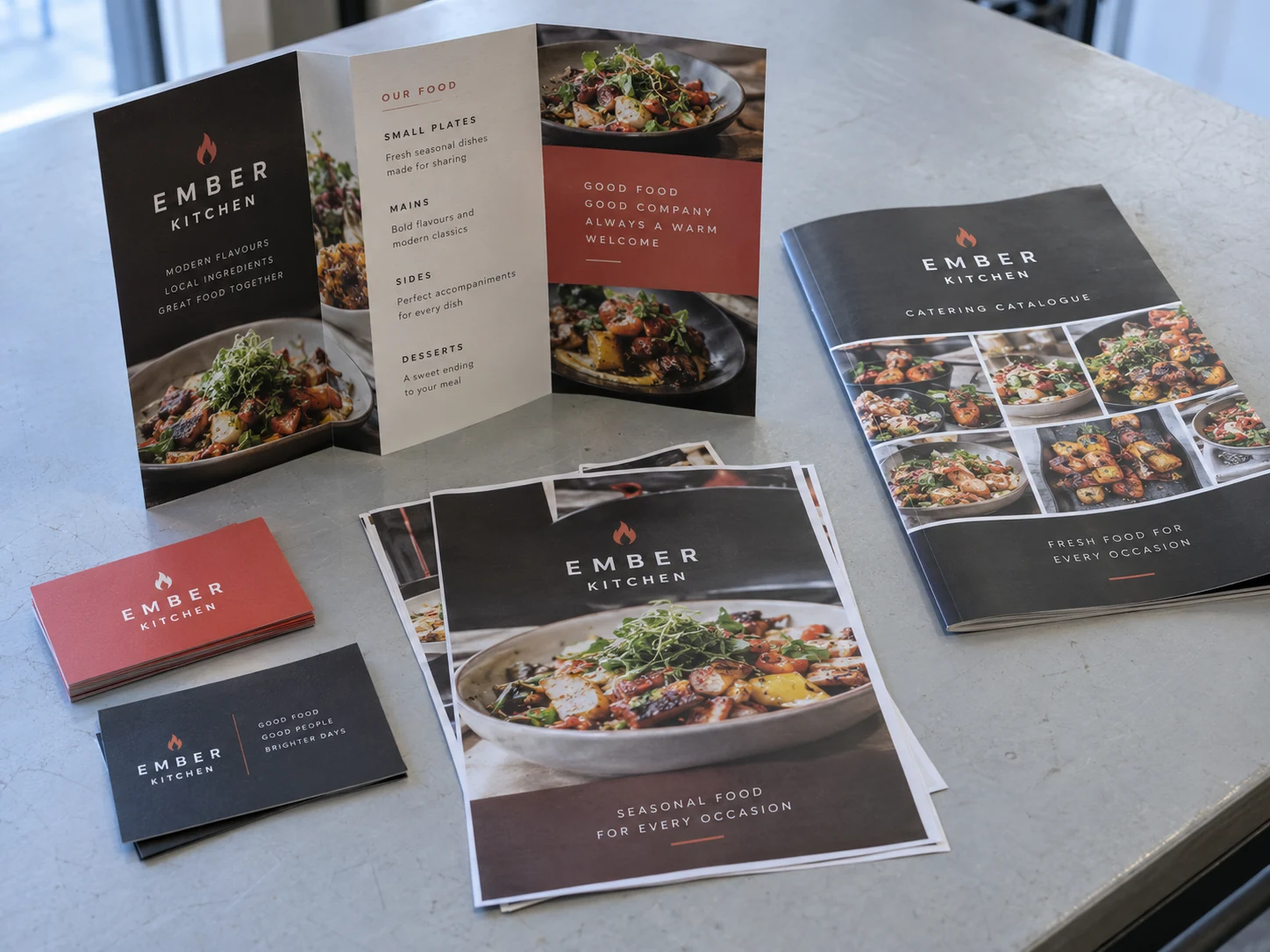 Lion Sign — Coordinated business cards, brochures, catalogues and promotional print materials for restaurants and food brands.