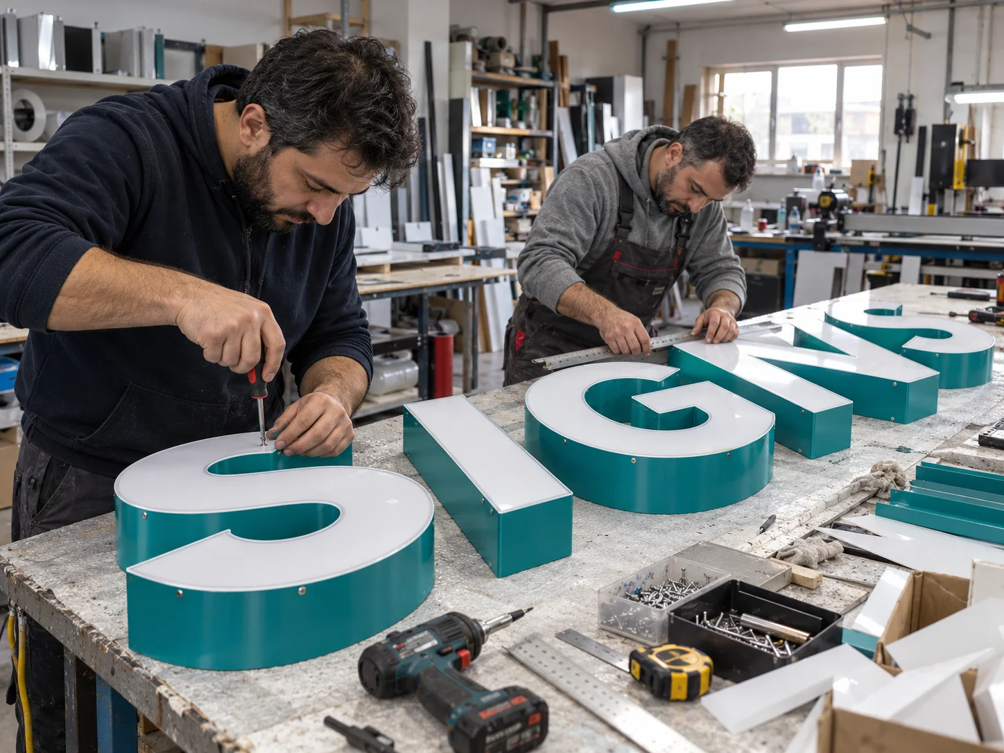 Lion Sign — Precision assembly of three-dimensional metal channel letters with acrylic faces for illuminated signage.